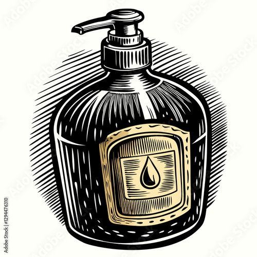 Vintage Hand drawn Liquid Soap Dispenser in Retro Engraving Style