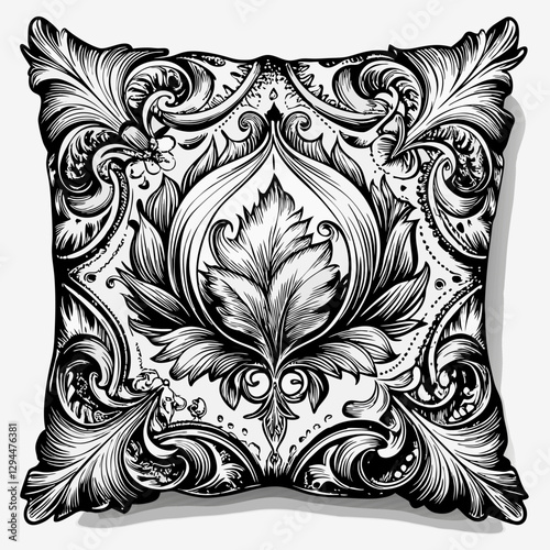 Ornate Black and White Decorative Cushion with Baroque Floral Design