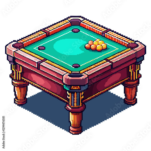 Pixel Art Isometric Billiard Table with Balls on Green Felt Surface