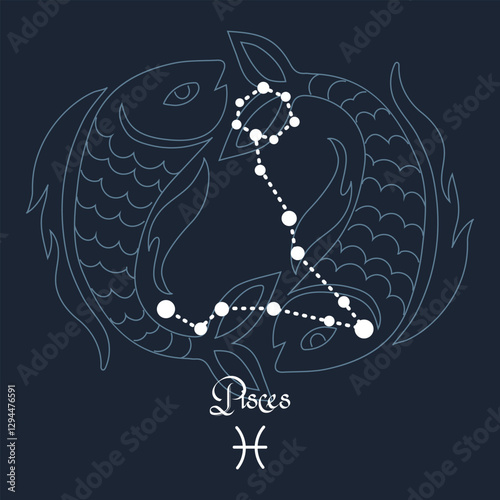 Pisces, constellation and zodiac sign on the background of the cosmic universe. Blue and white design. Illustration