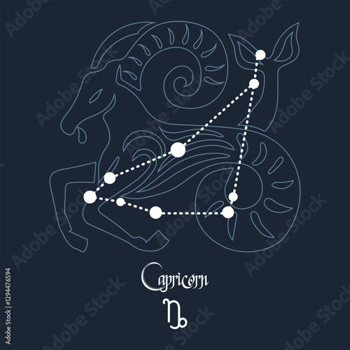 Capricorn, constellation and zodiac sign on the background of the cosmic universe. Blue and white design. Illustration