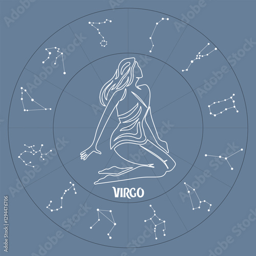 Virgo zodiac sign in astrological circle with zodiac constellations, horoscope. Blue and white design