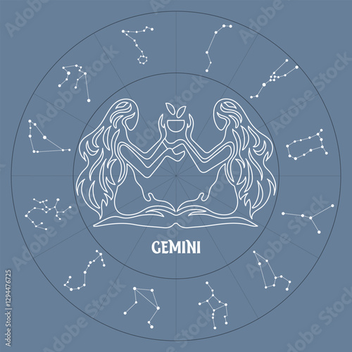 Zodiac sign Gemini in astrological circle with zodiac constellations, horoscope. Blue and white design