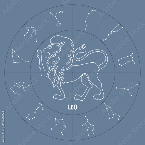 Zodiac sign Leo in astrological circle with zodiac constellations, horoscope. Blue and white design