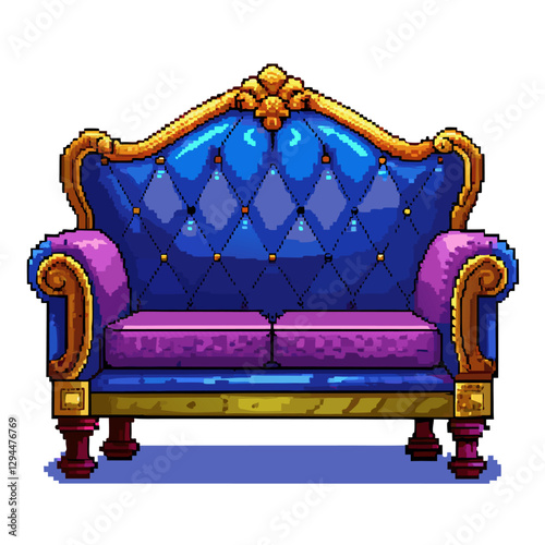 Pixel Art Vintage Royal Sofa Illustration in Purple and Blue