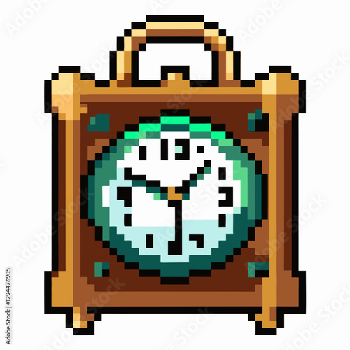 Retro Pixel Art Clock Illustration with Wooden Frame for Video Game and App Design