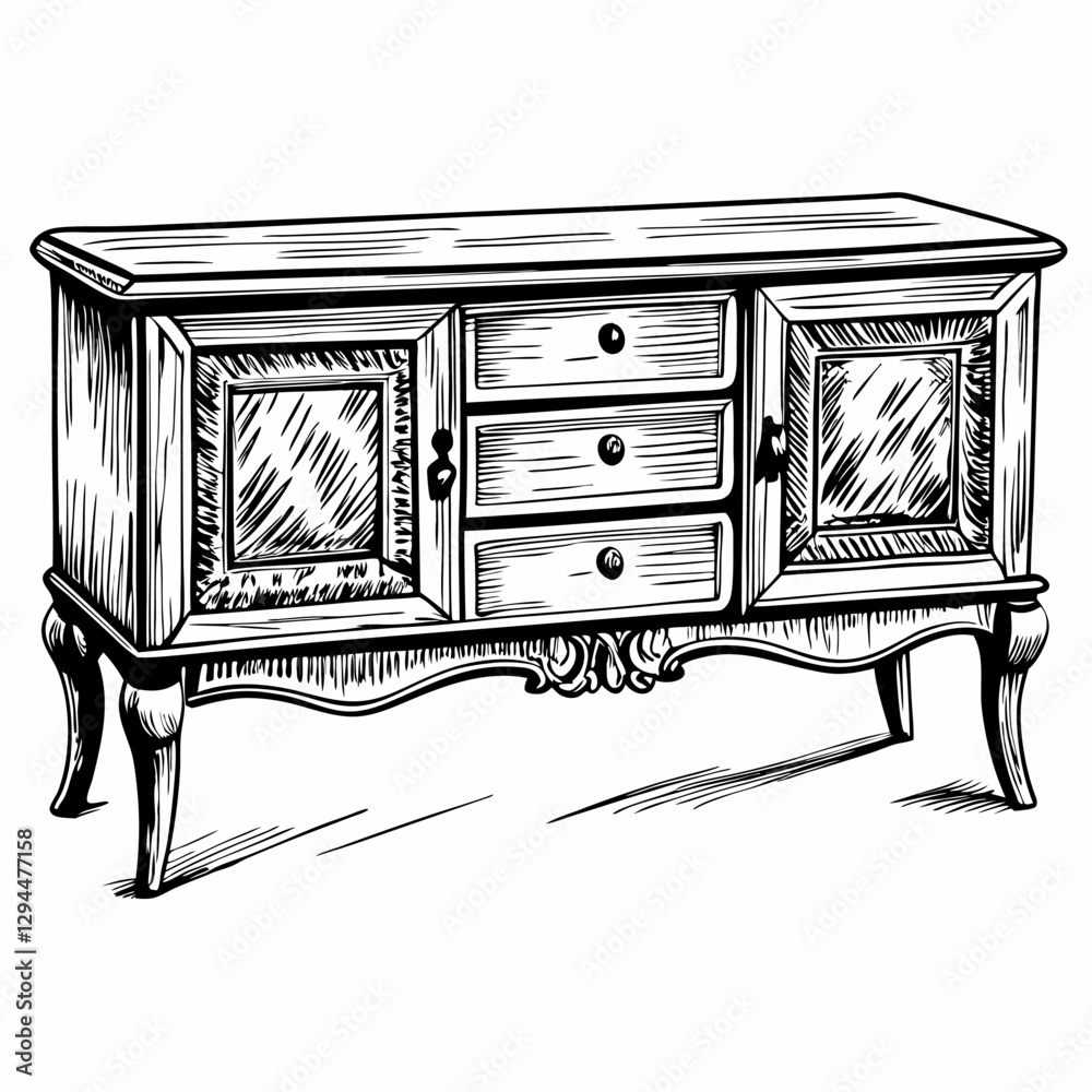 Fototapeta premium Vintage Wooden Sideboard Illustration Classic Furniture Design in Detailed Vector Art