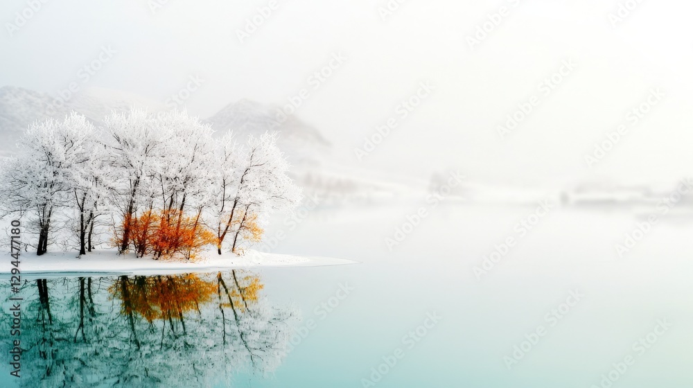 Fototapeta premium Serene Winter Landscape Snow Covered Trees Frozen Lake Misty Mountains