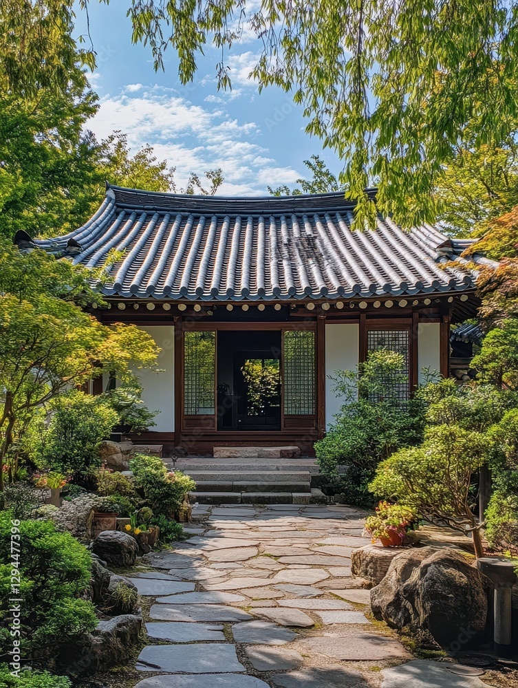 A beautiful traditional garden shows an elegant building with foliage A beautiful traditional garden shows an elegant building with foliage