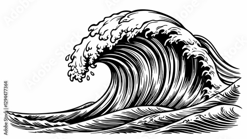 Intricate Black and White Ocean Wave Illustration in Vintage Style