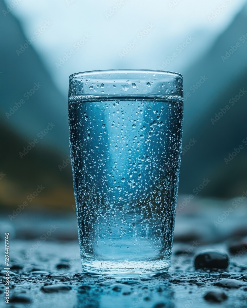 Refreshing glass of water with condensation droplets against a blurred mountain backdrop in cool blue tones
