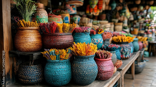 Colorful woven baskets filled with dried flowers in a market