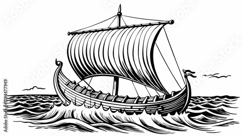 Viking Longship Sailing the Seas Detailed Vector Illustration