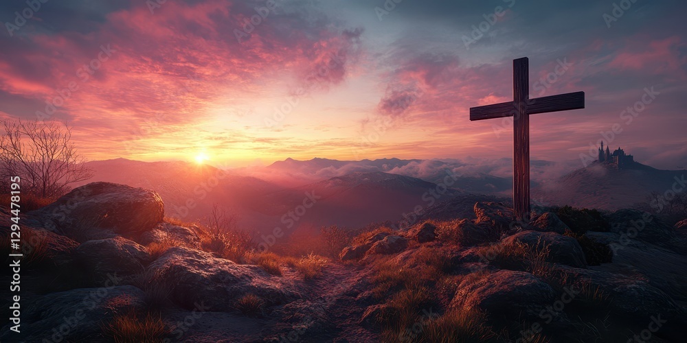 Obraz premium Sunset view with a cross and distant castle in the mountains on a tranquil evening