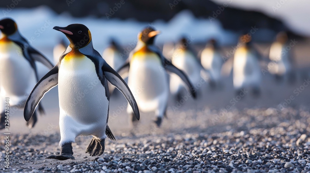 Fototapeta premium Majestic King Penguins March on Antarctic Beach