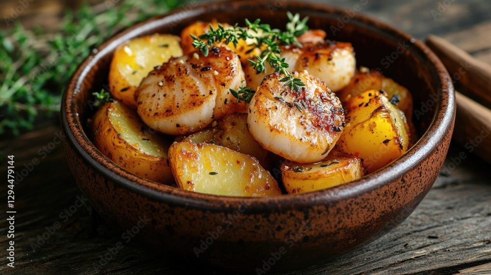Potatoes with Scallops on Wooden Table Potatoes with Scallops on Wooden Table