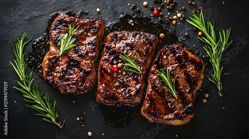 Three stacked grilled steaks with crispy char marks, presented on dark slate plate. Tender, juicy beef offers mouthwatering protein-packed meal for carnivores and food lovers