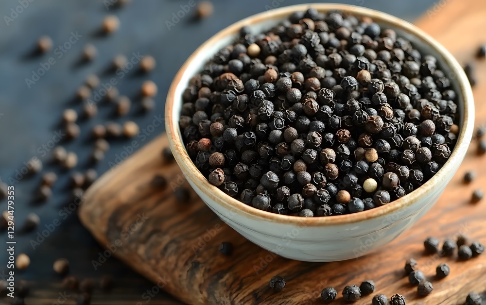 Closeup of Black Peppercorns in Bowl Rustic Wooden Background Closeup of Black Peppercorns in Bowl Rustic Wooden Background