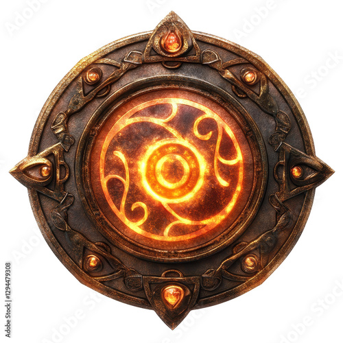Mystical Glowing Amulet with Swirling Symbol and Intricate Design. Fantasy art and game design.