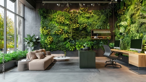Modern office space with a lush vertical garden, cozy seating area, and wooden desk, combining nature and contemporary design.