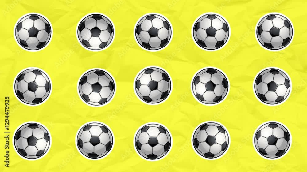 A set of soccer balls appear in lines and move with rotation. Football concept. Stop motion animation on black yellow background A set of soccer balls appear in lines and move with rotation. Football concept. Stop motion animation on black yellow background