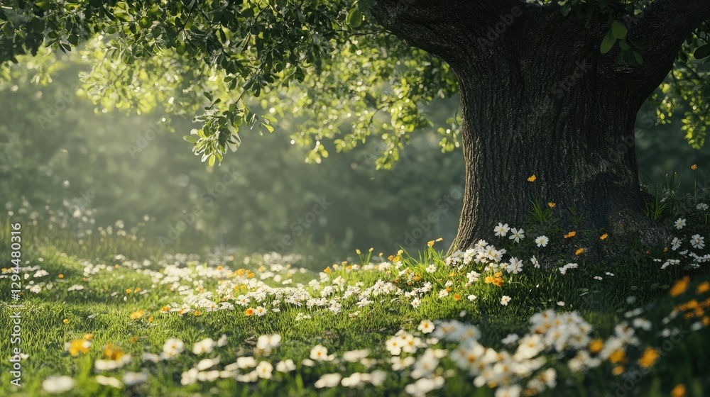 Obraz premium Stunning Nature Background with Majestic Oak Tree and Blooming Wildflowers – Lush Green Meadow, Sunlit Forest Landscape, Tranquil Outdoor Scenery 