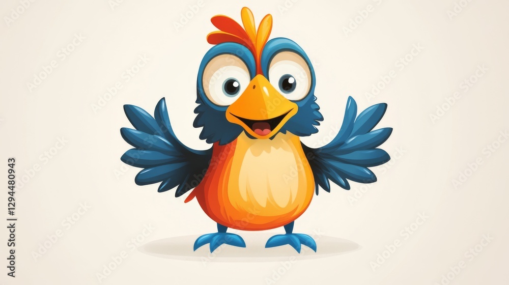 Obraz premium Colorful cartoon bird with outstretched wings and cheerful expression