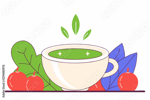 Vibrant Herbal Tea Cup with Fresh Leaves and Berries Illustration