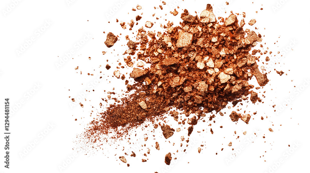 Crushed metallic eyeshadow dust explosion, gold and copper shimmer particles scattered artistically, isolated on white background, PNG format Crushed metallic eyeshadow dust explosion, gold and copper shimmer particles scattered artistically, isolated on white background, PNG format
