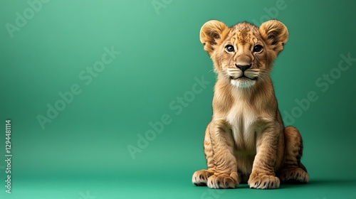 Cute lion cub sitting, green background, wildlife