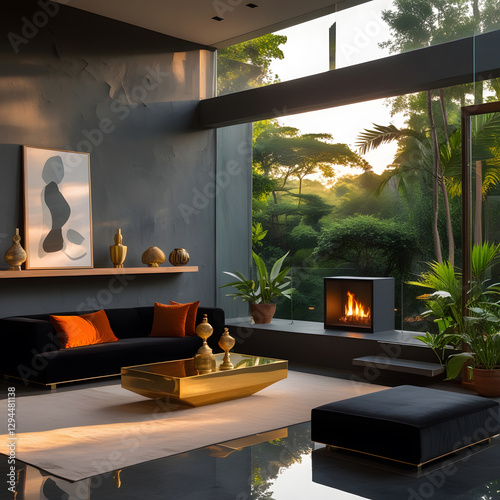 A low-profile black sofa, accented with burnt-orange velvet cushions, anchors the space, offering both style and comfort.