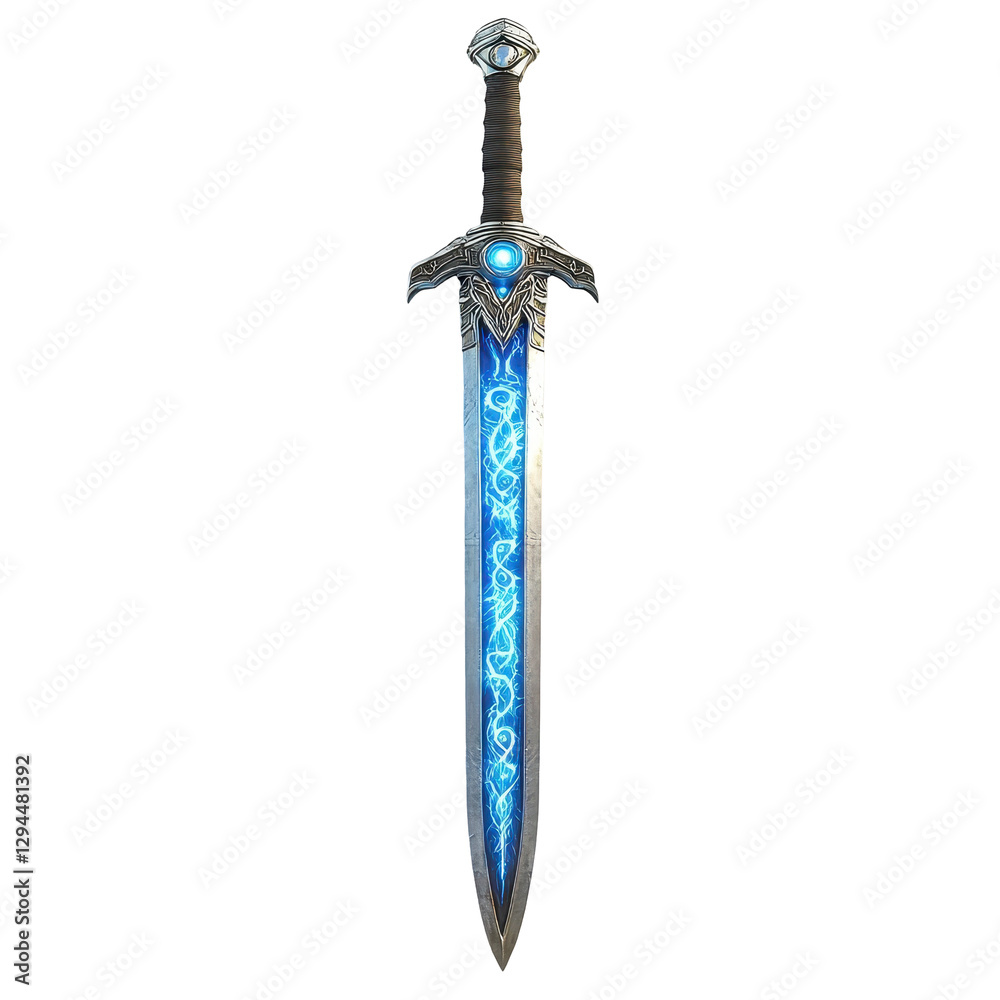 Radiant Silver Sword with Glowing Runes and Blue Energy Effects. Fantasy art and game design. Radiant Silver Sword with Glowing Runes and Blue Energy Effects. Fantasy art and game design.