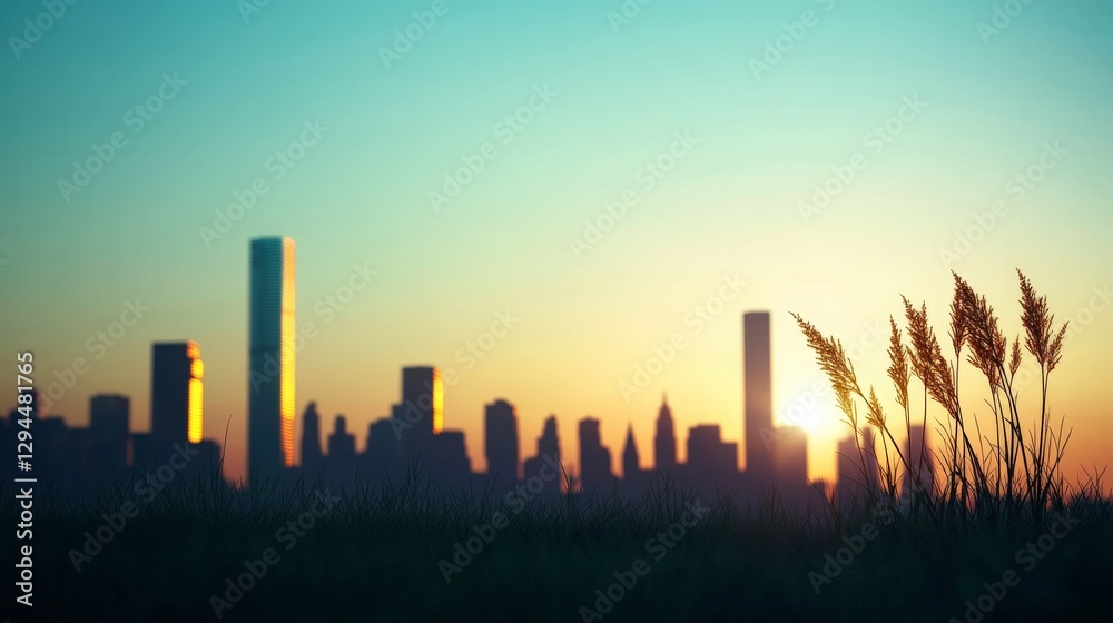 Fototapeta premium Golden Hour Skyline Cityscape Sunset with Grass