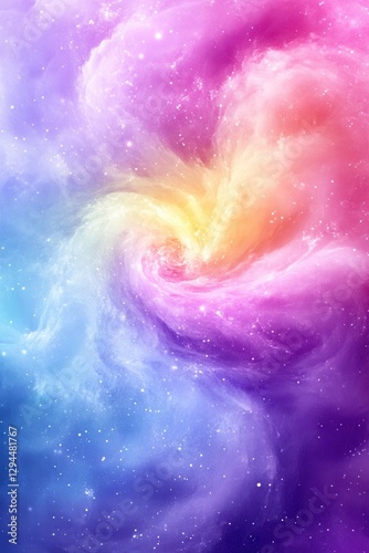 Ethereal cosmic spiral nebula with vibrant pastel colors of pink purple blue and yellow creating a dreamy celestial background