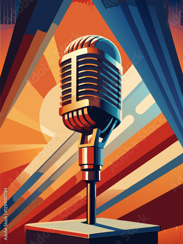Retro Microphone on Stage with Vibrant Geometric Background in Vintage Style Poster Art