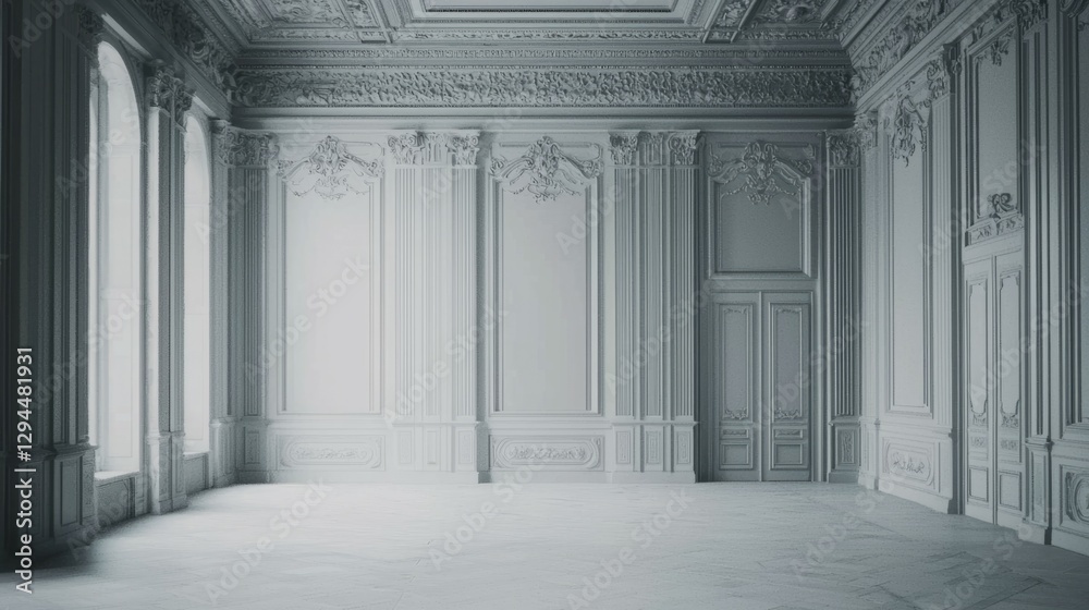 Fototapeta premium Elegant Baroque Interior with Ornate Decorations and Minimal Light