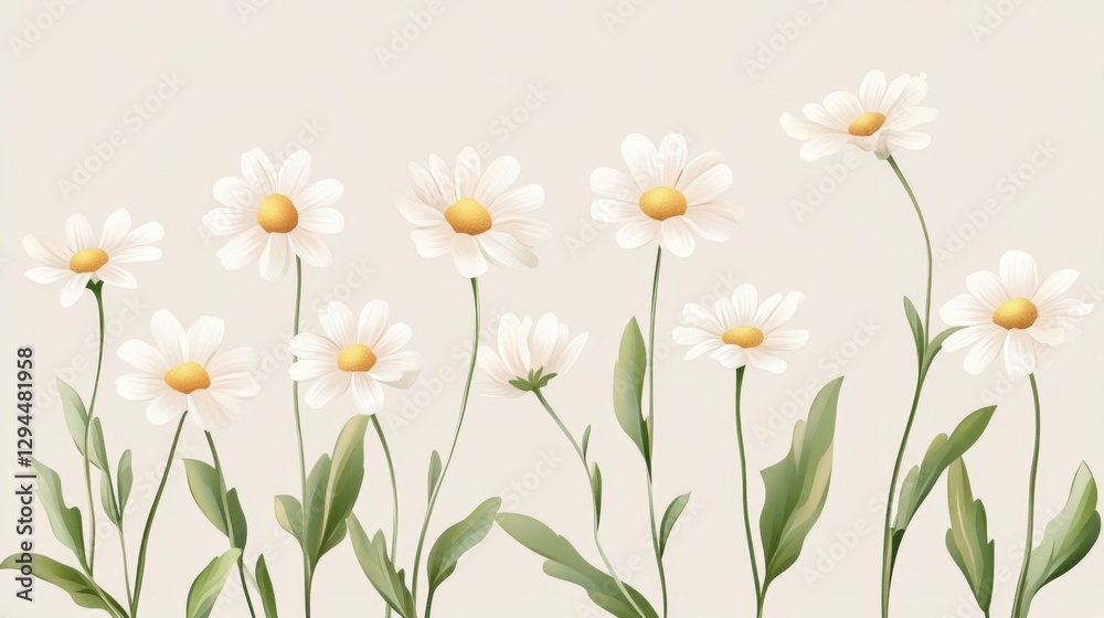 Fototapeta premium Delicate white daisies with green leaves on light background