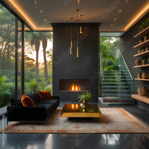 A low-profile black sofa, accented with burnt-orange velvet cushions, anchors the space, offering both style and comfort.