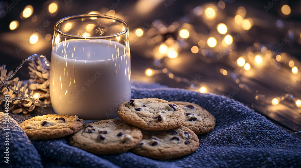 Warm cozy winter night chocolate chip cookies milk glass festive lights food life dark sweet tasty drink image Warm cozy winter night chocolate chip cookies milk glass festive lights food life dark sweet tasty drink image
