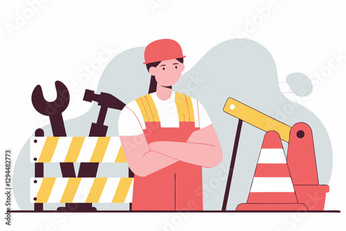 Construction Worker with Safety Gear and Tools: Modern Illustration on Site Safety and Preparedness