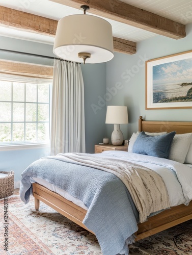 The bright bedroom shows a comfortable serene and cozy space photo