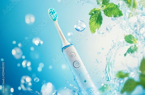 Electric toothbrush in water splash, mint leaves, vibrant background.  Possible use Health & hygiene advertisement