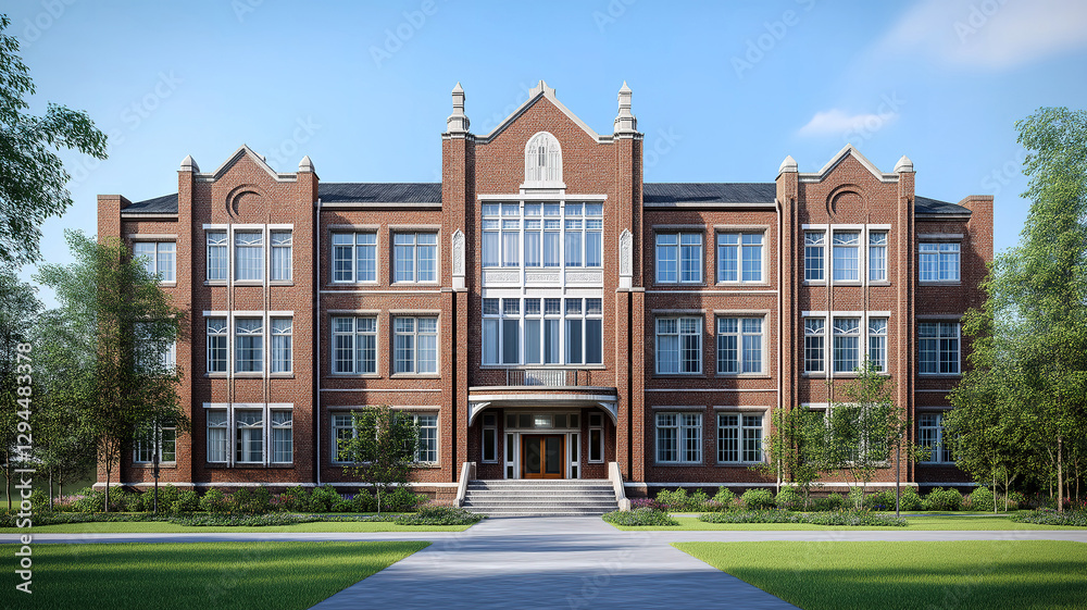 Naklejka premium Traditional brick school building with a vintage feel and grand architectural elements
