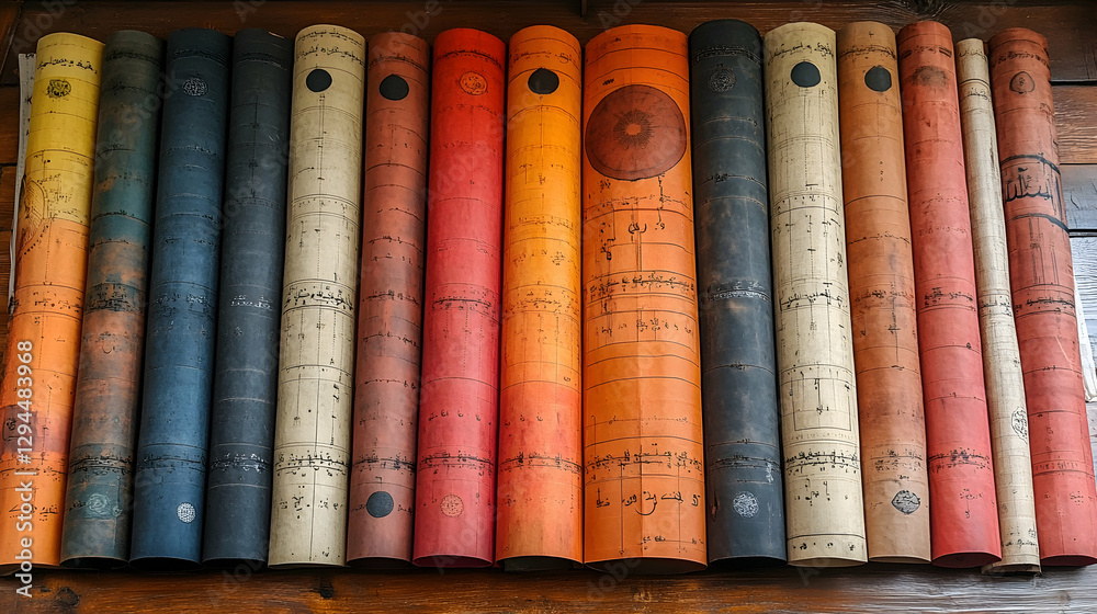Naklejka premium Vintage music scrolls displayed on wooden surface