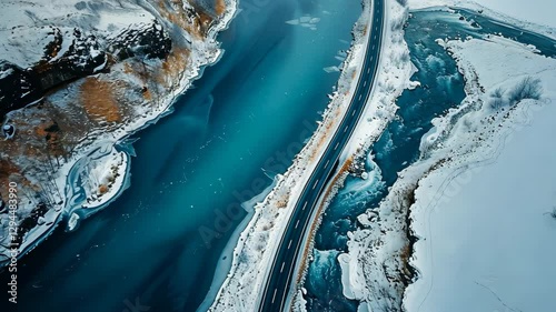 An aerial view of the road on the river,