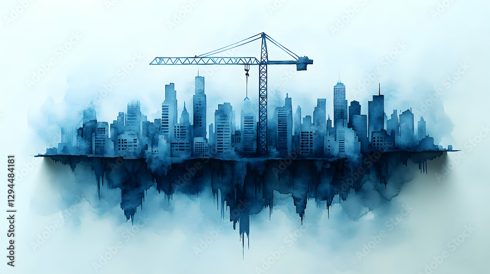 Obraz premium Watercolor city skyline with crane, construction