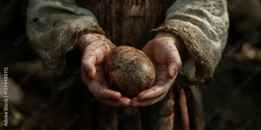 Hands holding a worn and dirty egg in a rustic setting during a forest exploration on a cloudy day Hands holding a worn and dirty egg in a rustic setting during a forest exploration on a cloudy day
