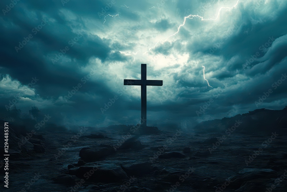 Apocalyptic Scene with Christian Cross Amidst Ruins Under Dark Stormy Sky Apocalyptic Scene with Christian Cross Amidst Ruins Under Dark Stormy Sky