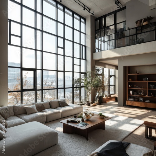 A luxury modern interior with natural light and large windows