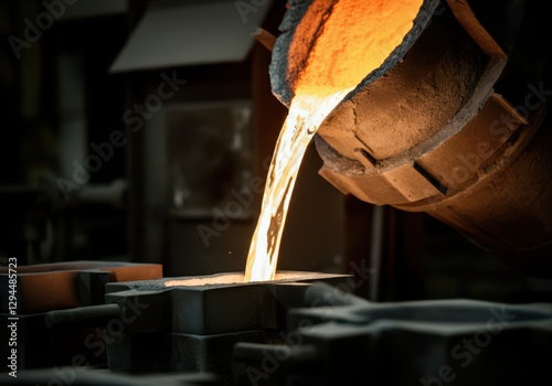 Pouring molten metal into foundry mold in a metal casting factory